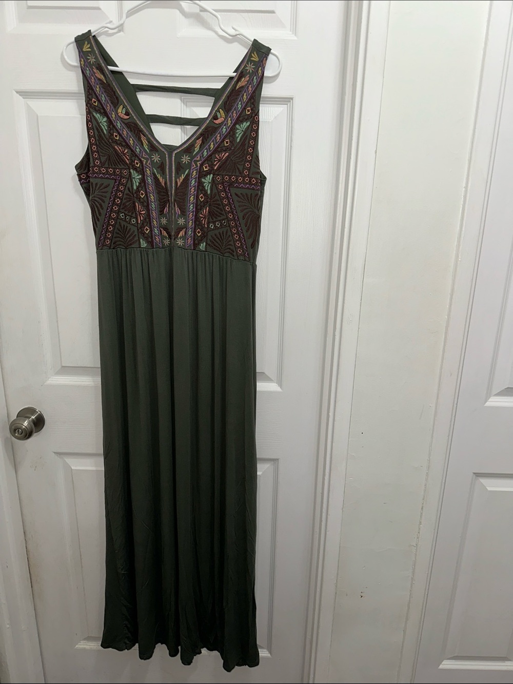 Embroidered Olive Green Maxi Dress with Strappy Back split on the side